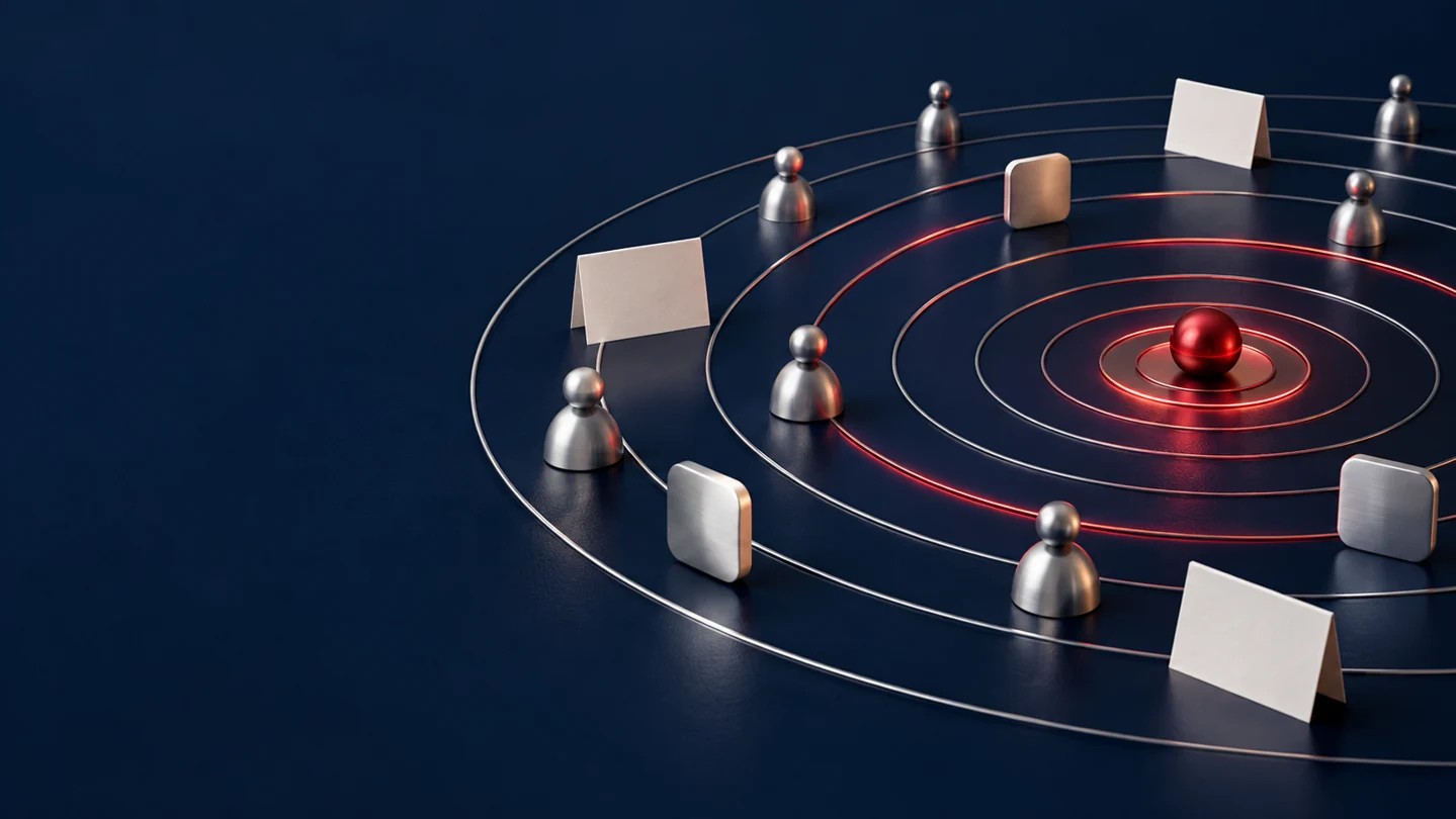 Ondas de comunicación y elementos de contenido en una composición azul y roja que representa demanda relevante