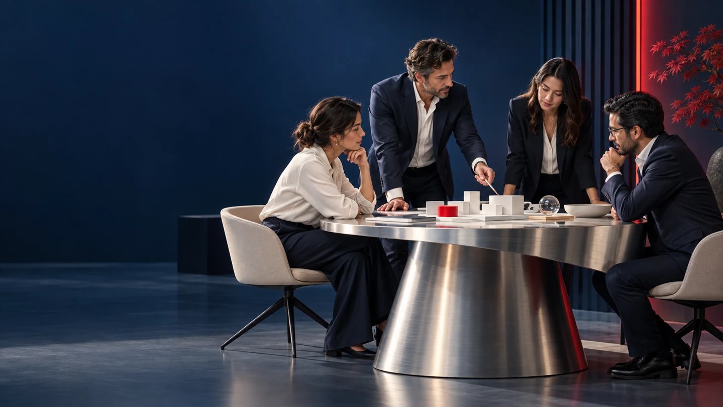 Equipo de liderazgo colaborando en torno a una mesa de trabajo, en una composición azul y roja de Takumi360