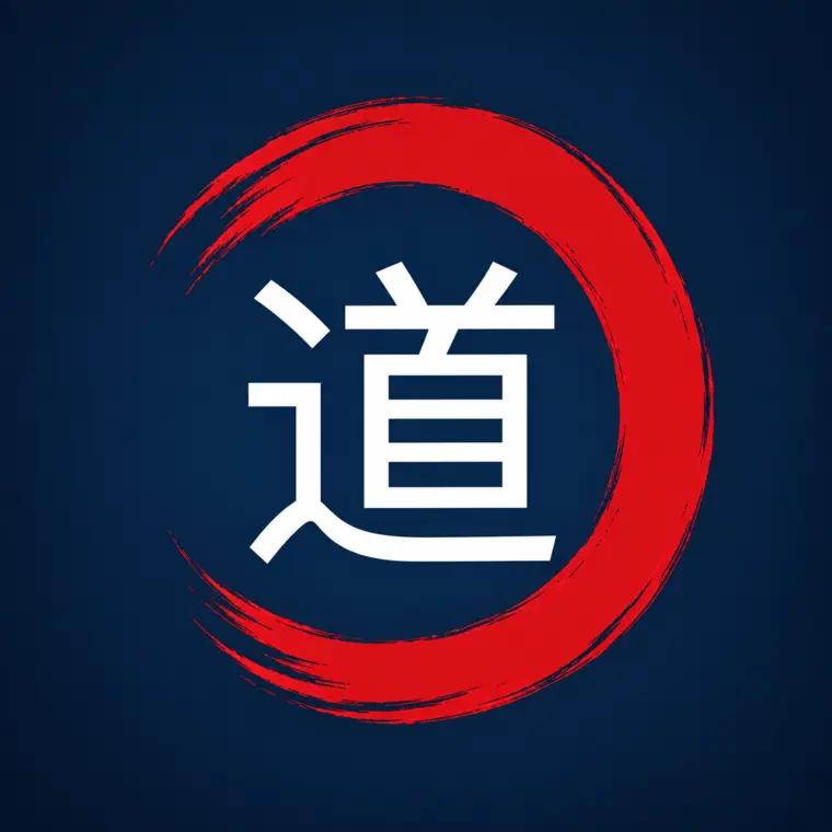 Símbolo japonés dō rodeado por un ensō rojo, emblema del camino Takumi